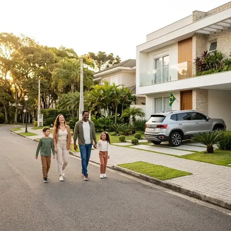 Família feliz caminhando segura